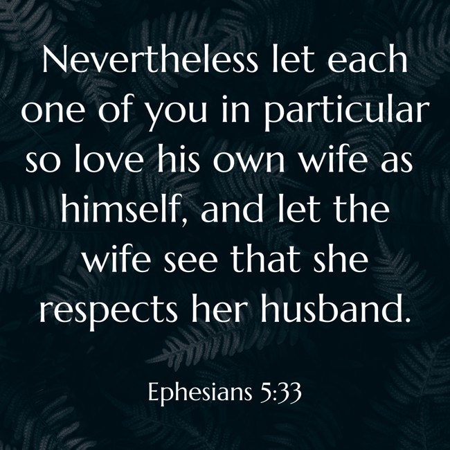 Nevertheless let each one of you in particular so love his own wife as himself, and let the wife see that she respects her husband. - Ephesians 5:33