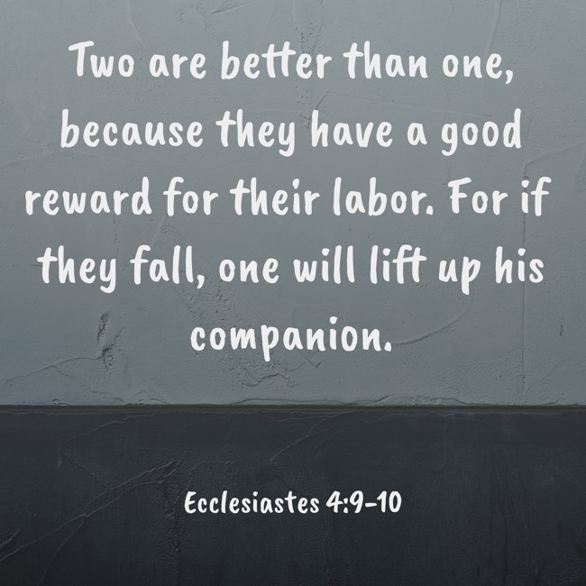 Two are better than one, because they have a good reward for their labor. For if they fall, one will lift up his companion. - Ecclesiastes 4:9-10