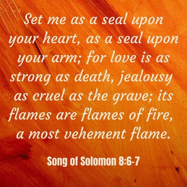 Set me as a seal upon your heart, as a seal upon your arm; for love is as strong as death, jealousy as cruel as the grave; its flames are flames of fire, a most vehement flame. - Song of Solomon 8:6-7