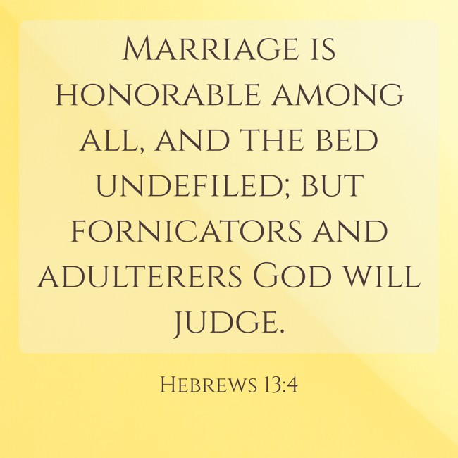 Marriage is honorable among all, and the bed undefiled; but fornicators and adulterers God will judge. - Hebrews 13:4