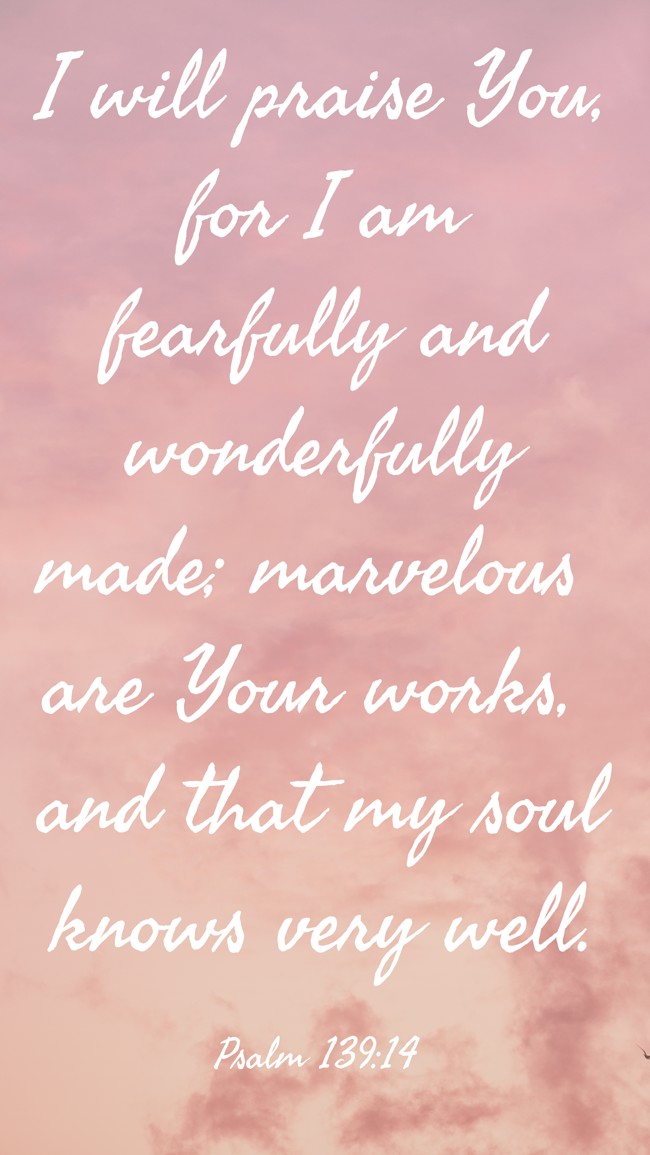I will praise You, for I am fearfully and wonderfully made; marvelous are Your works, and that my soul knows very well. - Psalm 139:14