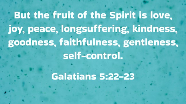 But the fruit of the Spirit is love, joy, peace, longsuffering, kindness, goodness, faithfulness, gentleness, self-control. - Galatians 5:22-23