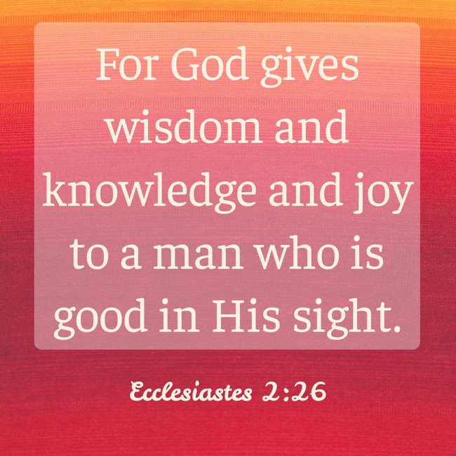 For God gives wisdom and knowledge and joy to a man who is good in His sight. - Ecclesiastes 2:26