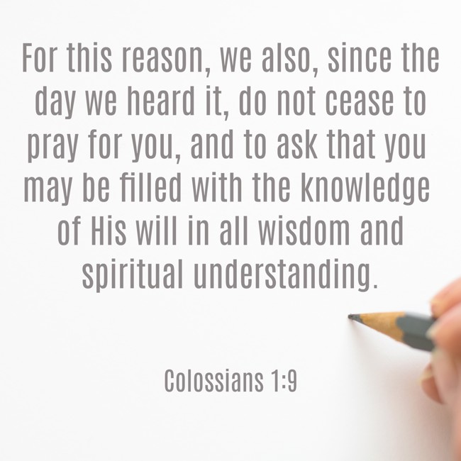 For this reason, we also, since the day we heard it, do not cease to pray for you, and to ask that you may be filled with the knowledge of His will in all wisdom and spiritual understanding. - Colossians 1:9