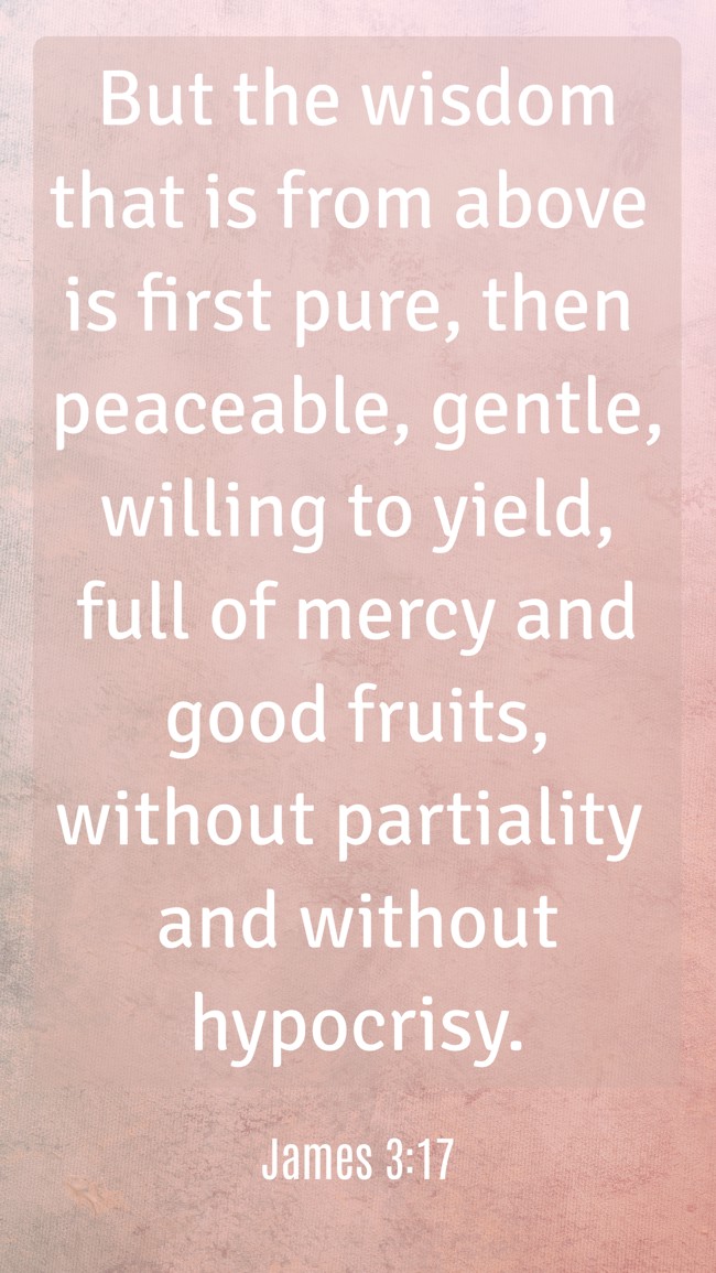 But the wisdom that is from above is first pure, then peaceable, gentle, willing to yield, full of mercy and good fruits, without partiality and without hypocrisy. - James 3:17