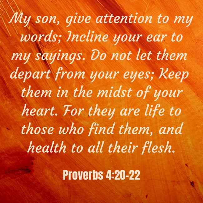 My son, give attention to my words; Incline your ear to my sayings. Do not let them depart from your eyes; Keep them in the midst of your heart. For they are life to those who find them, and health to all their flesh. - Proverbs 4:20-22