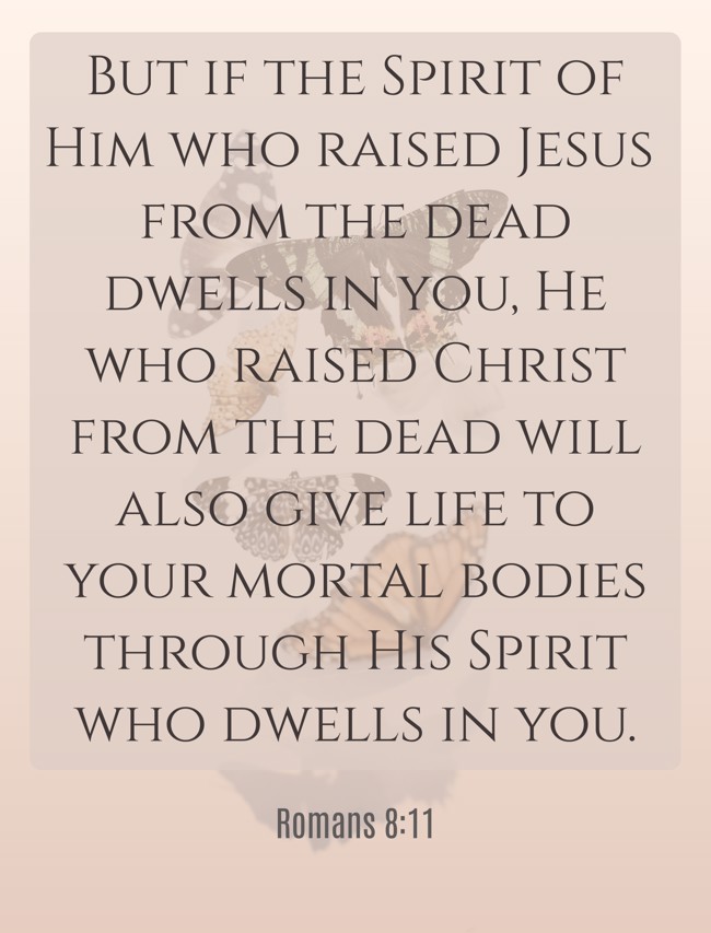 But if the Spirit of Him who raised Jesus from the dead dwells in you, He who raised Christ from the dead will also give life to your mortal bodies through His Spirit who dwells in you. - Romans 8:11