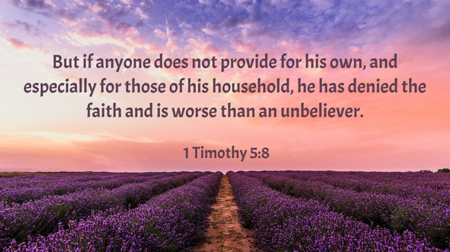 But if anyone does not provide for his own, and especially for those of his household, he has denied the faith and is worse than an unbeliever. - 1 Timothy 5:8