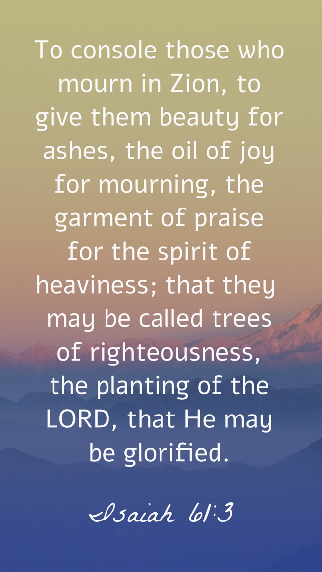 To console those who mourn in Zion, to give them beauty for ashes, the oil of joy for mourning, the garment of praise for the spirit of heaviness; that they may be called trees of righteousness, the planting of the LORD, that He may be glorified. - Isaiah 61:3
