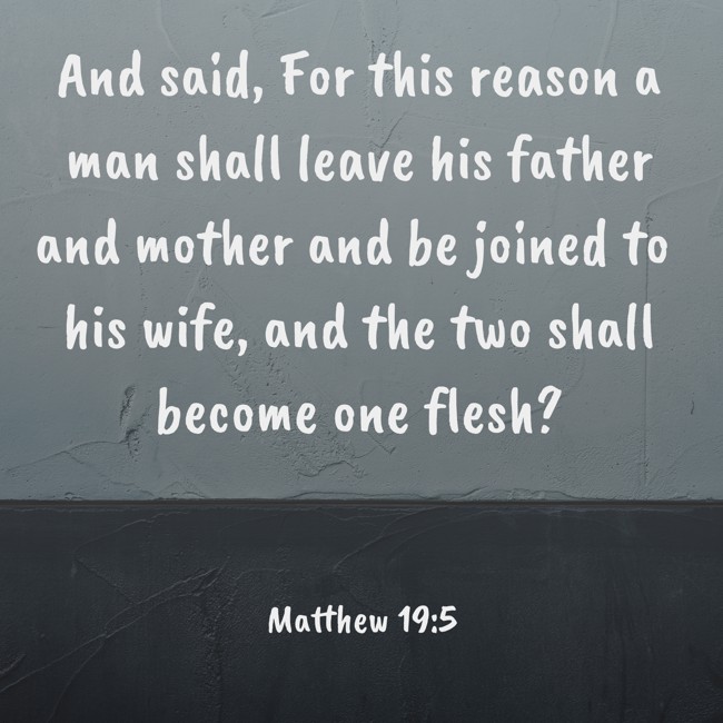 And said, For this reason a man shall leave his father and mother and be joined to his wife, and the two shall become one flesh? - Matthew 19:5