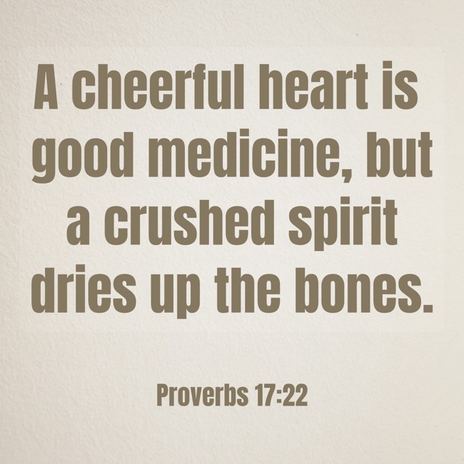 A cheerful heart is good medicine, but a crushed spirit dries up the bones. - Proverbs 17:22