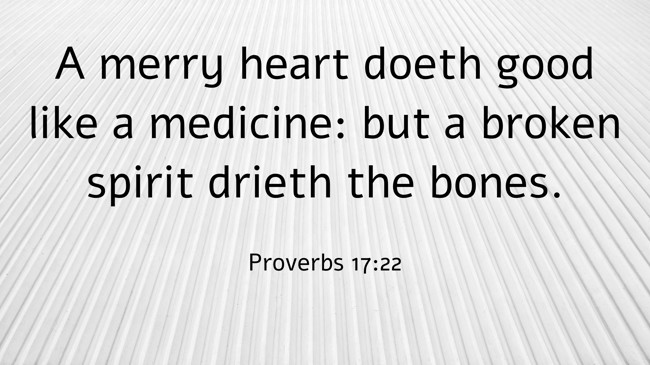 A merry heart doeth good like a medicine: but a broken spirit drieth the bones. - Proverbs 17:22