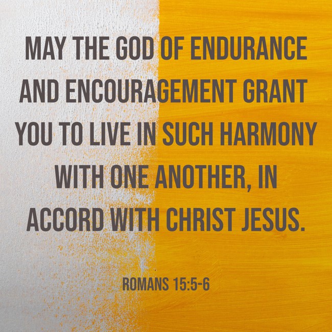  May the God of endurance and encouragement grant you to live in such harmony with one another, in accord with Christ Jesus.   - Romans 15:5-6 