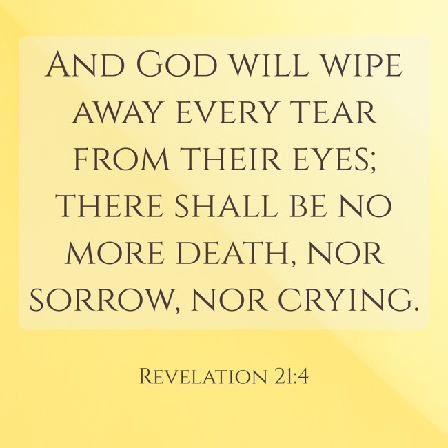 And God will wipe away every tear from their eyes; there shall be no more death, nor sorrow, nor crying. - Revelation 21:4