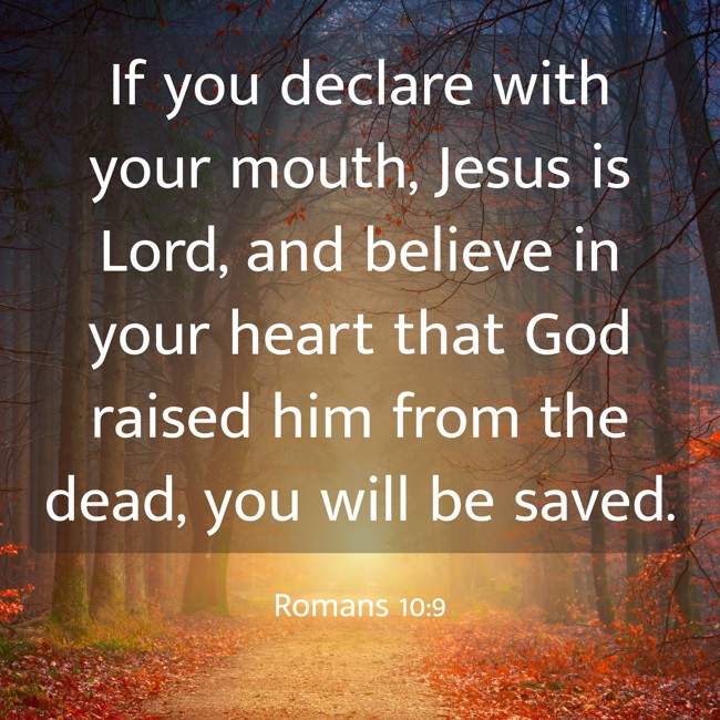 If you declare with your mouth, Jesus is Lord, and believe in your heart that God raised him from the dead, you will be saved. - Romans 10:9