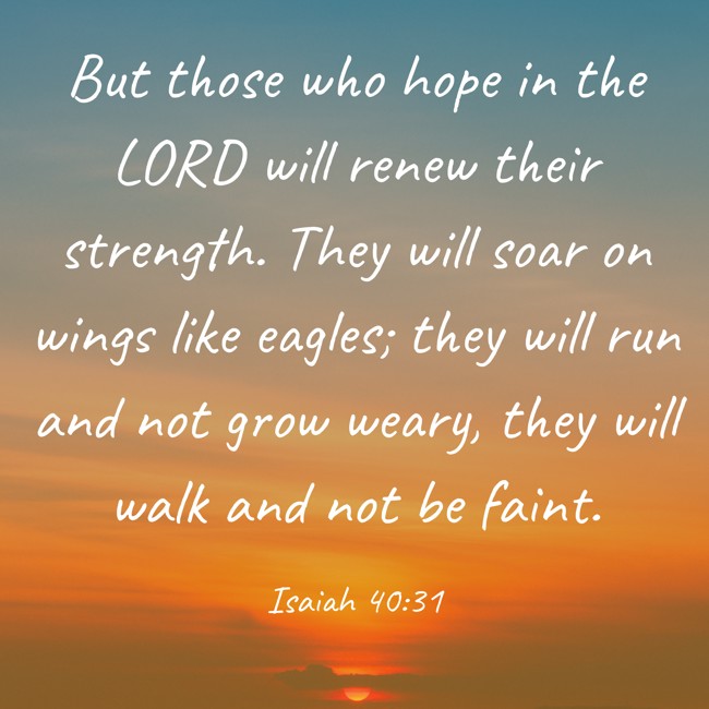 But those who hope in the LORD will renew their strength. They will soar on wings like eagles; they will run and not grow weary, they will walk and not be faint. - Isaiah 40:31