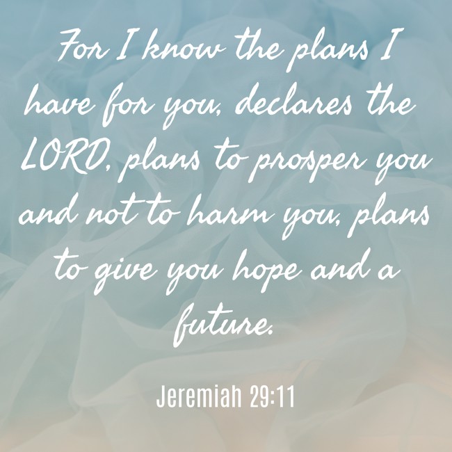 For I know the plans I have for you, declares the LORD, plans to prosper you and not to harm you, plans to give you hope and a future. - Jeremiah 29:11