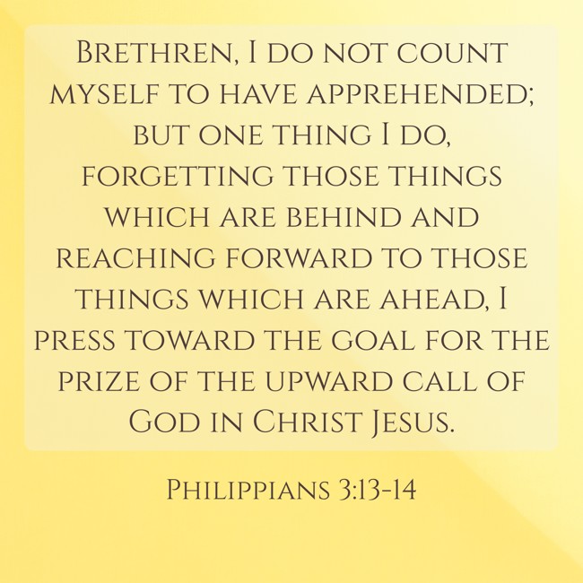 Brethren, I do not count myself to have apprehended; but one thing I do, forgetting those things which are behind and reaching forward to those things which are ahead, I press toward the goal for the prize of the upward call of God in Christ Jesus. - Philippians 3:13-14