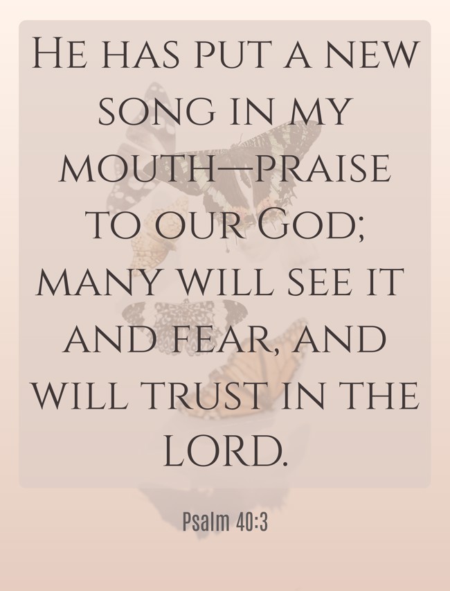 He has put a new song in my mouth—praise to our God; many will see it and fear, and will trust in the LORD. - Psalm 40:3
