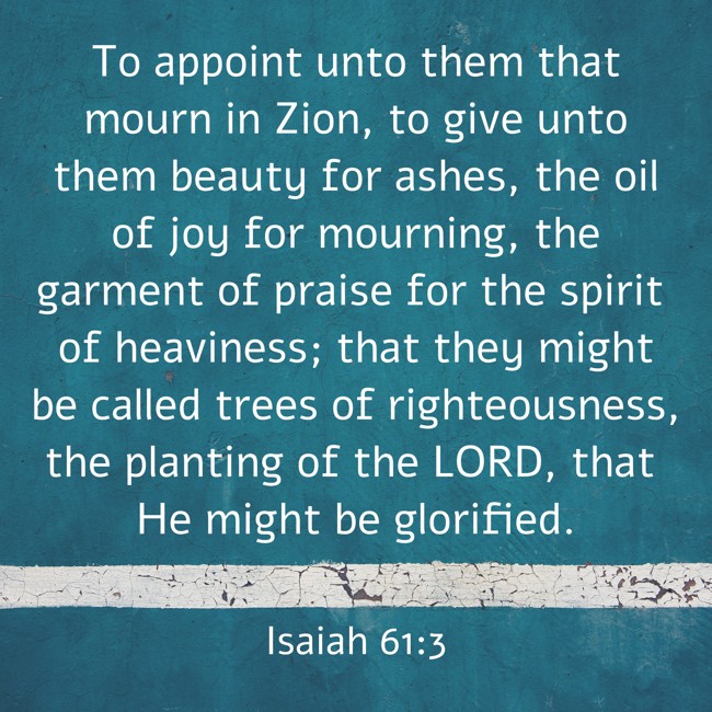 To appoint unto them that mourn in Zion, to give unto them beauty for ashes, the oil of joy for mourning, the garment of praise for the spirit of heaviness; that they might be called trees of righteousness, the planting of the LORD, that He might be glorified. - Isaiah 61:3