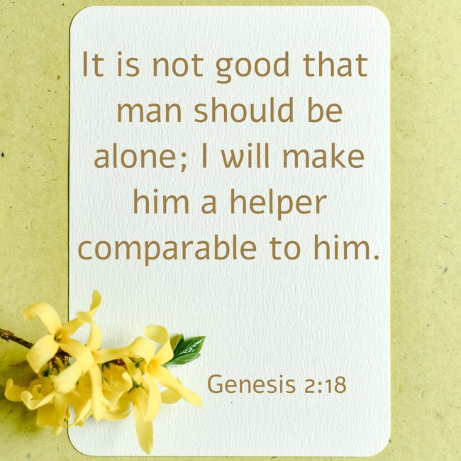 It is not good that man should be alone; I will make him a helper comparable to him. - Genesis 2:18