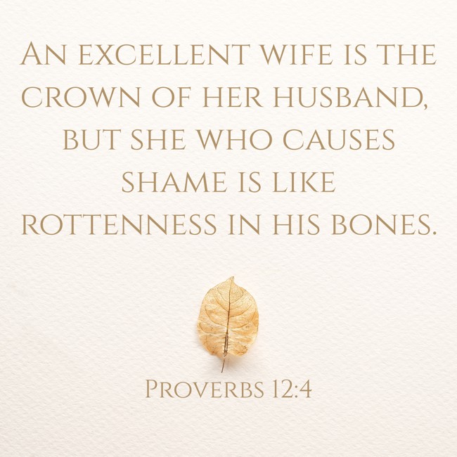 An excellent wife is the crown of her husband, but she who causes shame is like rottenness in his bones. - Proverbs 12:4