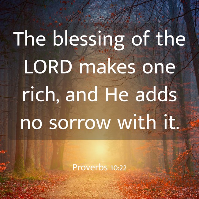  The blessing of the LORD makes one rich, and He adds no sorrow with it.   - Proverbs 10:22 