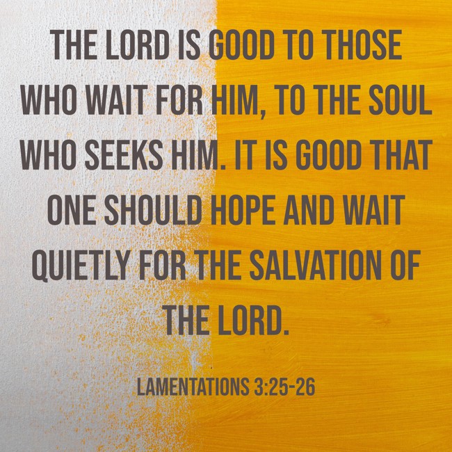 The LORD is good to those who wait for Him, to the soul who seeks Him. It is good that one should hope and wait quietly for the salvation of the LORD. - Lamentations 3:25-26
