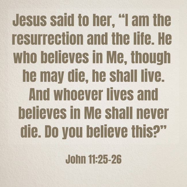  Jesus said to her, “I am the resurrection and the life. He who believes in Me, though he may die, he shall live. And whoever lives and believes in Me shall never die. Do you believe this?”   - John 11:25-26 