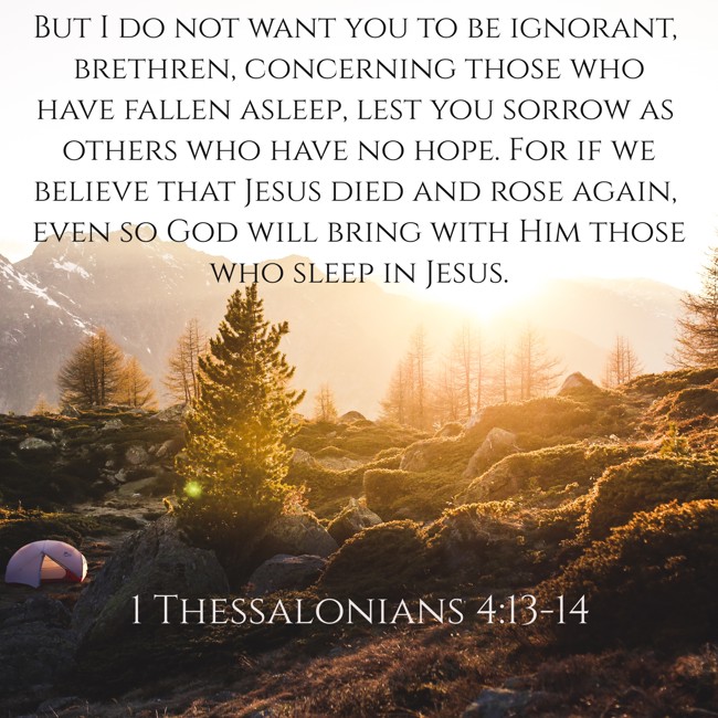  But I do not want you to be ignorant, brethren, concerning those who have fallen asleep, lest you sorrow as others who have no hope. For if we believe that Jesus died and rose again, even so God will bring with Him those who sleep in Jesus.   - 1 Thessalonians 4:13-14 