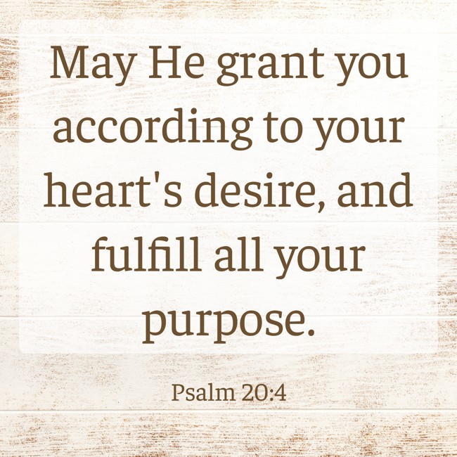 May He grant you according to your heart's desire, and fulfill all your purpose. - Psalm 20:4
