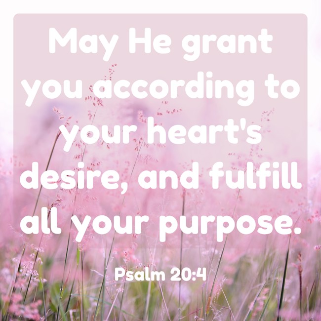 May He grant you according to your heart's desire, and fulfill all your purpose. - Psalm 20:4
