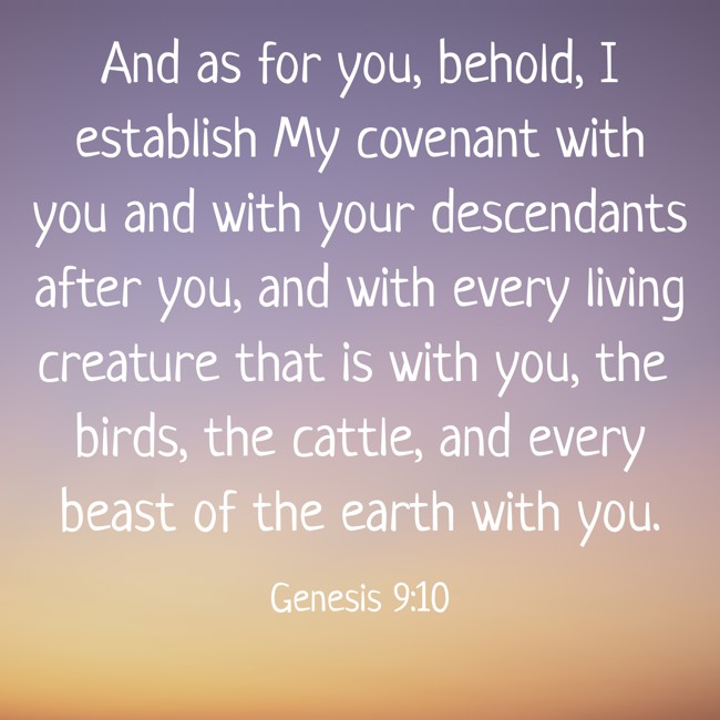  And as for you, behold, I establish My covenant with you and with your descendants after you, and with every living creature that is with you, the birds, the cattle, and every beast of the earth with you.   - Genesis 9:10 