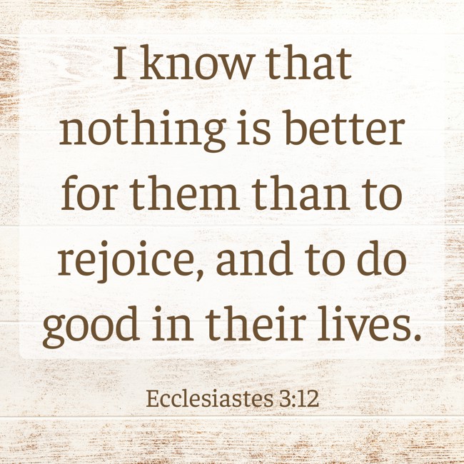 I know that nothing is better for them than to rejoice, and to do good in their lives. - Ecclesiastes 3:12