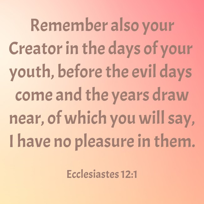  Remember also your Creator in the days of your youth, before the evil days come and the years draw near, of which you will say, I have no pleasure in them.   - Ecclesiastes 12:1 
