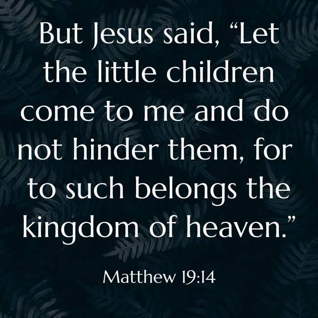  But Jesus said, “Let the little children come to me and do not hinder them, for to such belongs the kingdom of heaven.”   - Matthew 19:14 