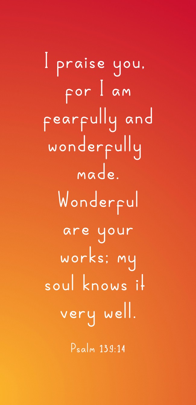  I praise you, for I am fearfully and wonderfully made. Wonderful are your works; my soul knows it very well.   - Psalm 139:14 