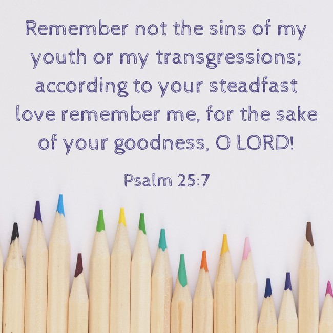  Remember not the sins of my youth or my transgressions; according to your steadfast love remember me, for the sake of your goodness, O LORD!   - Psalm 25:7 