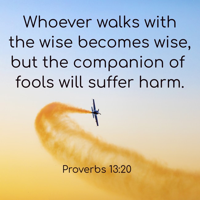  Whoever walks with the wise becomes wise, but the companion of fools will suffer harm.   - Proverbs 13:20 