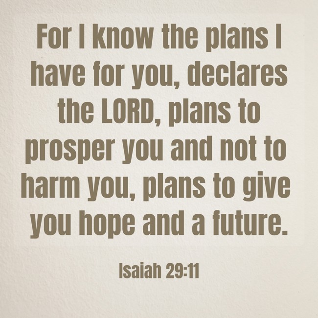  For I know the plans I have for you, declares the LORD, plans to prosper you and not to harm you, plans to give you hope and a future.   - Isaiah 29:11 
