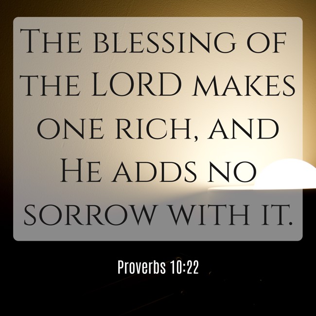  The blessing of the LORD makes one rich, and He adds no sorrow with it.   - Proverbs 10:22 