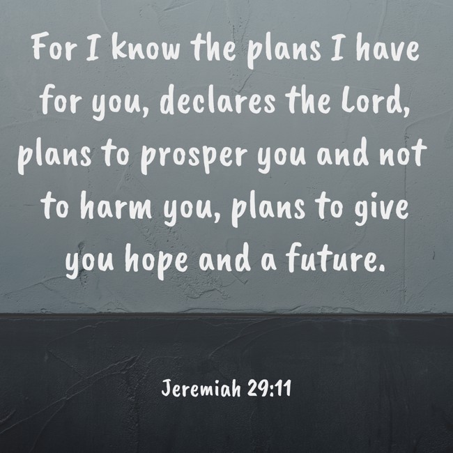  For I know the plans I have for you, declares the Lord, plans to prosper you and not to harm you, plans to give you hope and a future.   - Jeremiah 29:11 