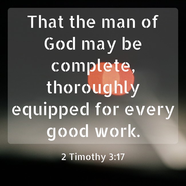  That the man of God may be complete, thoroughly equipped for every good work.   - 2 Timothy 3:17 