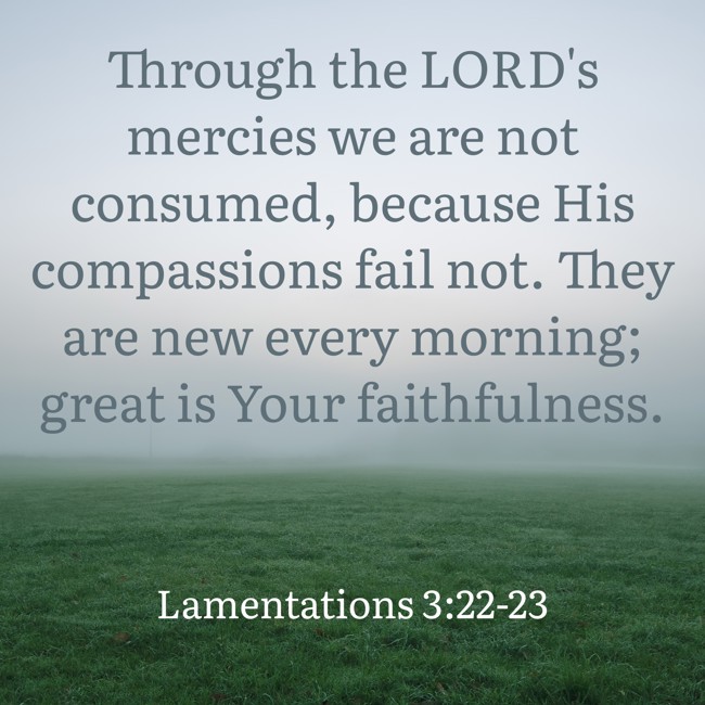  Through the LORD's mercies we are not consumed, because His compassions fail not. They are new every morning; great is Your faithfulness.   - Lamentations 3:22-23 