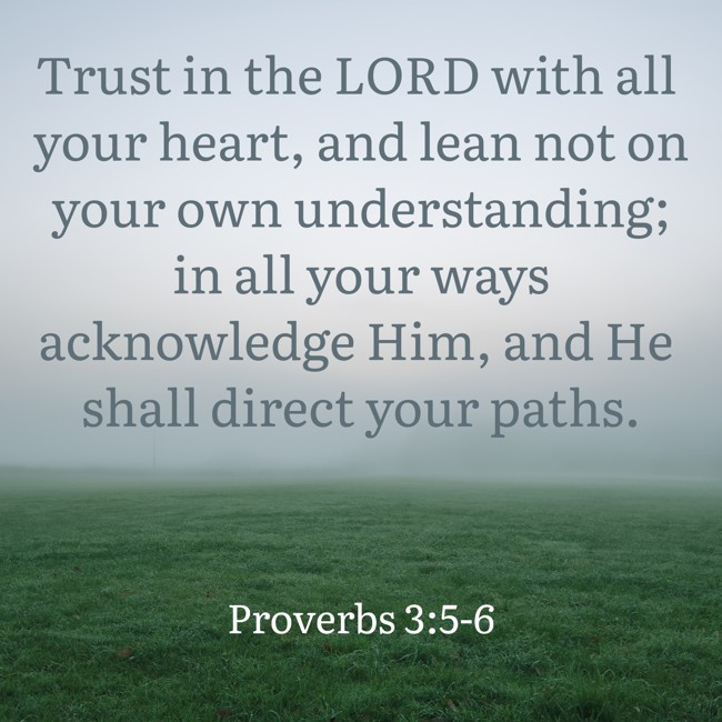  Trust in the LORD with all your heart, and lean not on your own understanding; in all your ways acknowledge Him, and He shall direct your paths.   - Proverbs 3:5-6 