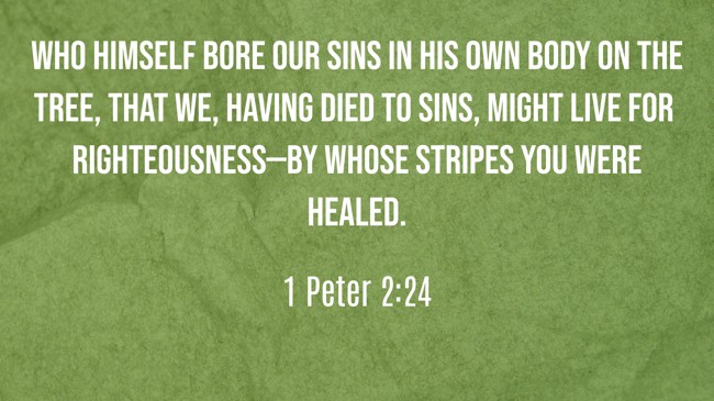 Who Himself bore our sins in His own body on the tree, that we, having died to sins, might live for righteousness—by whose stripes you were healed. - 1 Peter 2:24