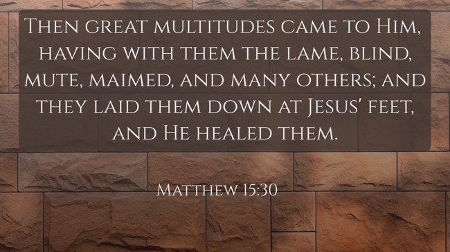 Then great multitudes came to Him, having with them the lame, blind, mute, maimed, and many others; and they laid them down at Jesus' feet, and He healed them. - Matthew 15:30