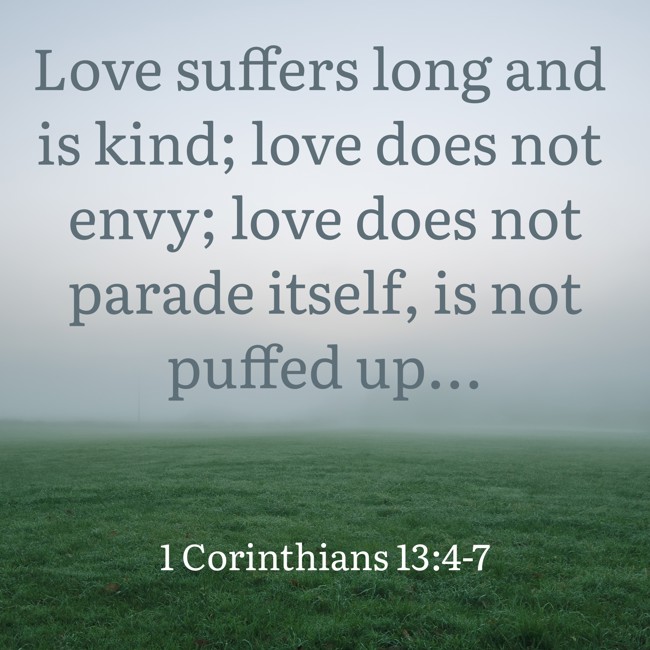 Love suffers long and is kind; love does not envy; love does not parade itself, is not puffed up... - 1 Corinthians 13:4-7