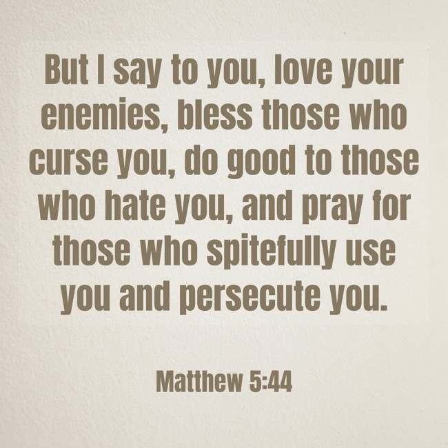 But I say to you, love your enemies, bless those who curse you, do good to those who hate you, and pray for those who spitefully use you and persecute you. - Matthew 5:44