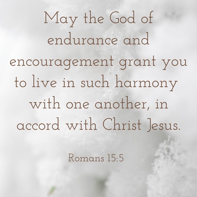 May the God of endurance and encouragement grant you to live in such harmony with one another, in accord with Christ Jesus. - Romans 15:5